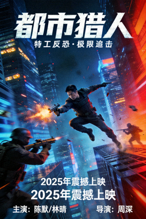 动作片《都市猎人》海报 - 特工在摩天大楼间激烈战斗
